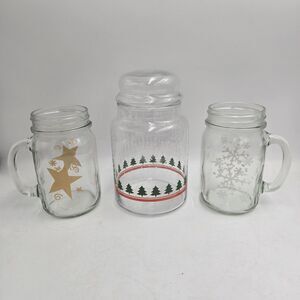 Christmas Glass Canister Jar w/ Lid & 2 Mason Jar Mugs Holiday Set of 3